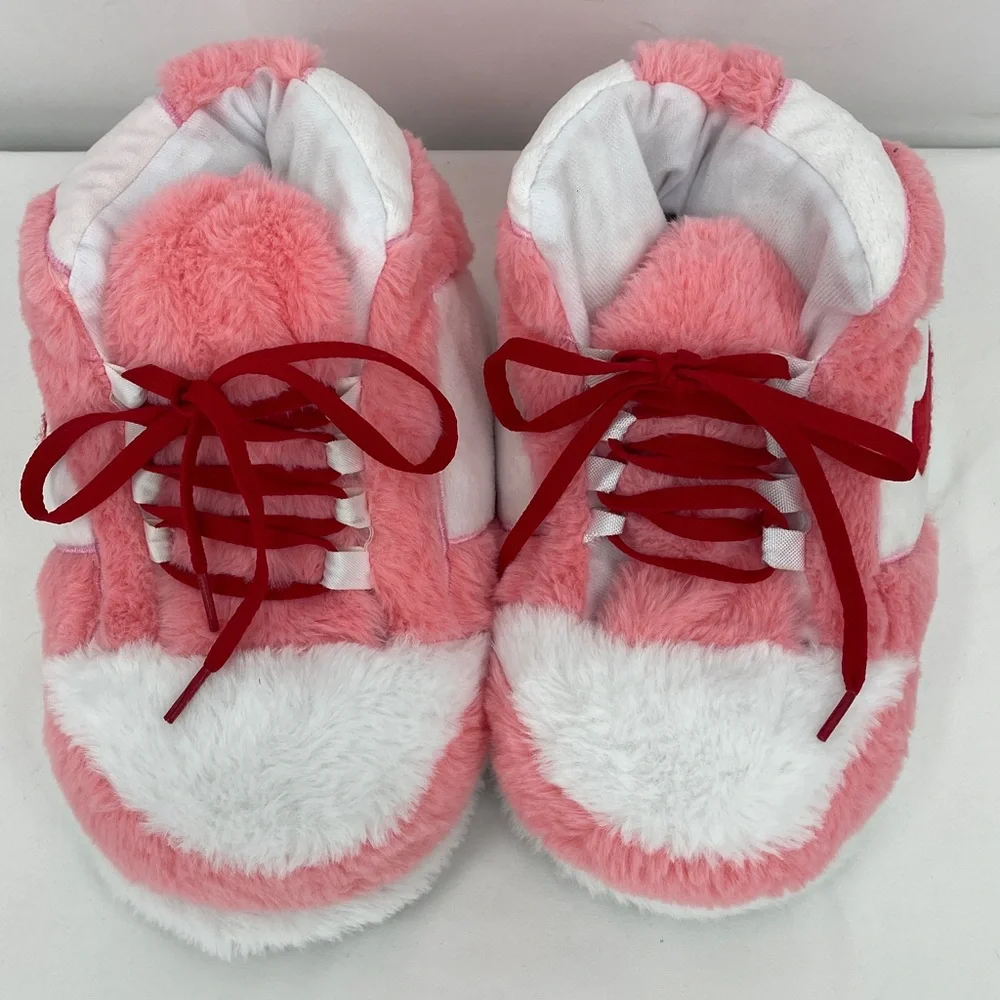 WOMENS SIZE 36-46 Pink & White Plush Sneaker Slippers - Soft Cozy Footwear